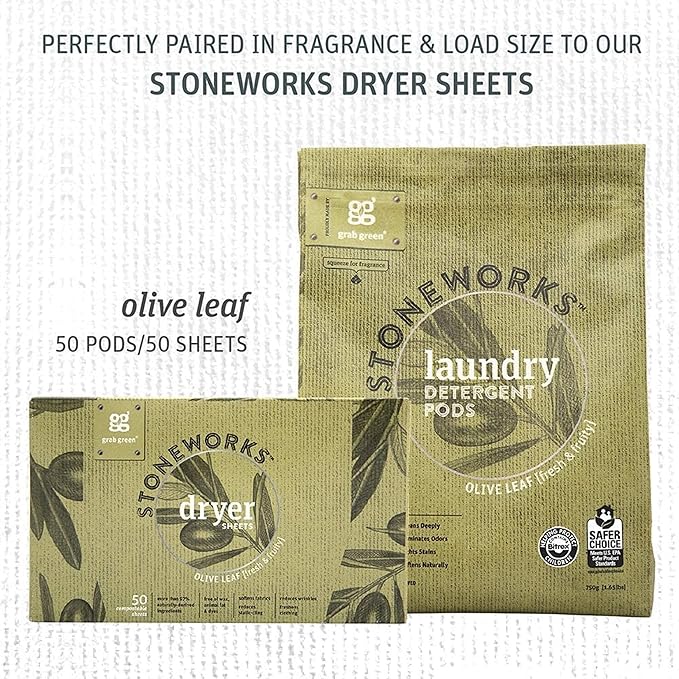 Grab Green Stoneworks Laundry Detergent Pods, Olive Leaf, 50 Loads (Pack of 1) - EPA Safer Choice Certified, Powered by Naturally Derived Plant & Mineral-Based Powder