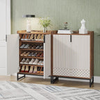Tribesigns Modern Shoe Cabinet for Entryway, 25 Pairs Shoe Cabinet with Doors, Wood 5-Tier Shoe Organizer, Freestanding Brown Shoe Storage Cabinets with Black Metal Frame for Bedroom Living Room