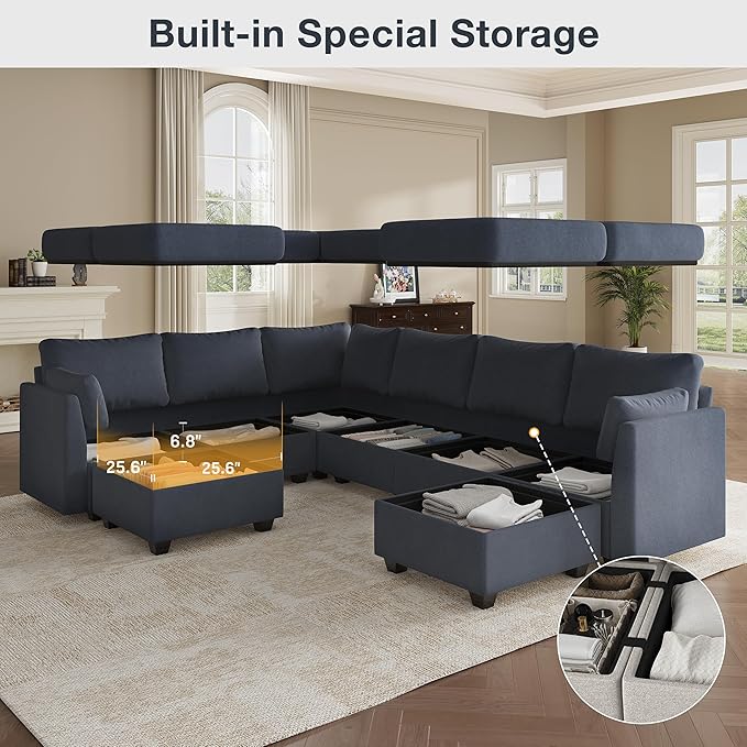 Modular Sectional Sofa Couches, Large Convertible Modular Couches With Storage, 8-Seater Sectional Sofa For Living Room, U Shaped Sectional Couch Sleeper Sofa With Chaise (BlueGrey, 8 Seats)
