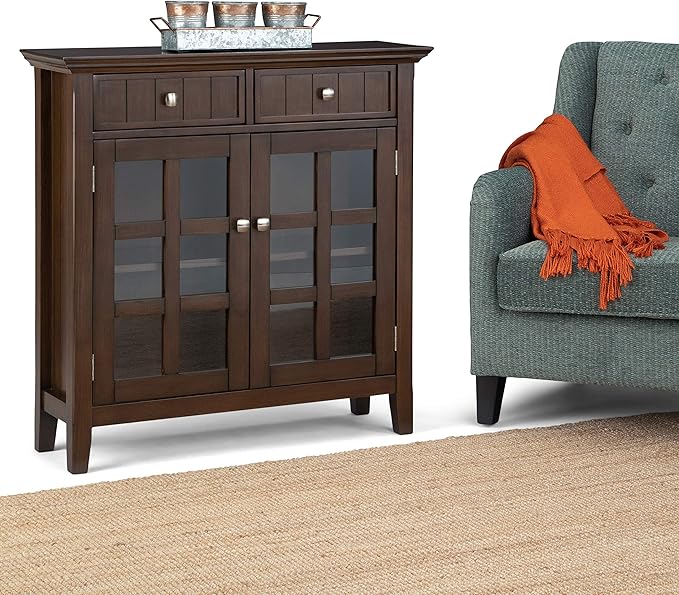 SIMPLIHOME Acadian SOLID WOOD 36 inch Wide Transitional Entryway Storage Cabinet in Natural Aged Brown for the Living Room, Entryway and Family Room