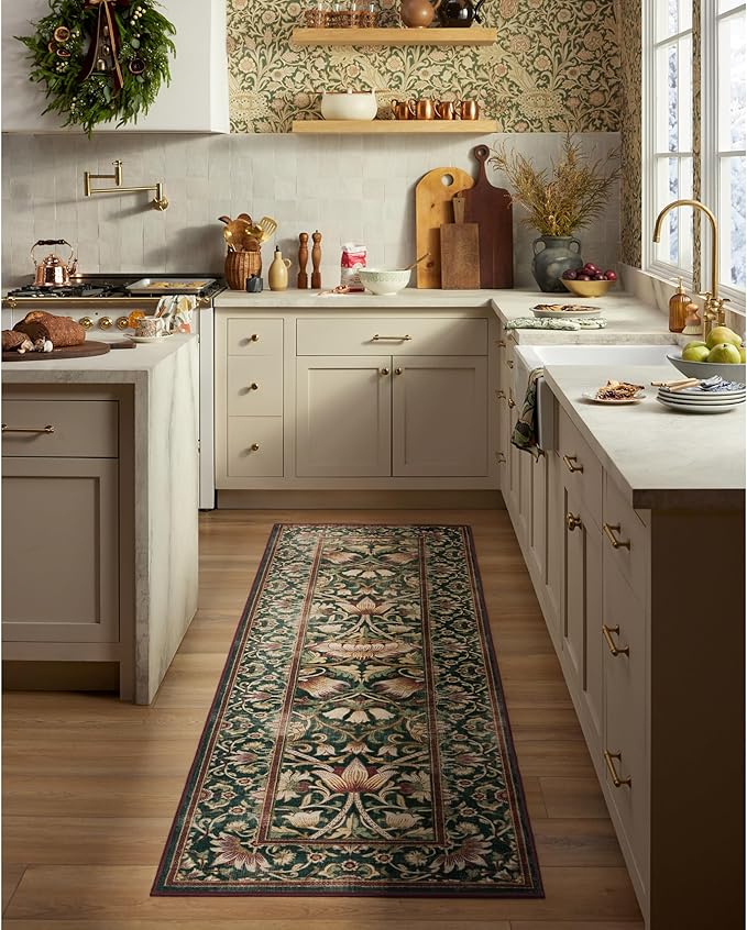 RUGGABLE x Morris & Co Machine Washable Christmas Runner Rug–Lodden Soft Evergreen & Gold 2.5x10, Stain-Resistant, Non-Slip–Washable Rug for Hallway, Entryway, Living Room, Kitchen–with Cushioned Pad