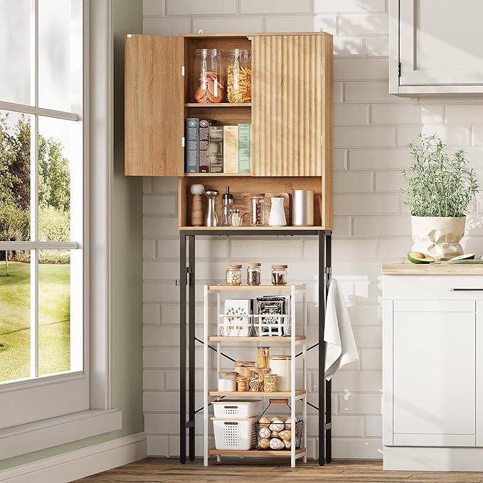 Toilet Storage Cabinet, Over The Rack Wood Cabinet with Metal Stand, Bathroom Organizer with Adjustable Shelf, Tall Freestanding Washer Shelf, Small Cupboard, Space Saver, Natural Style
