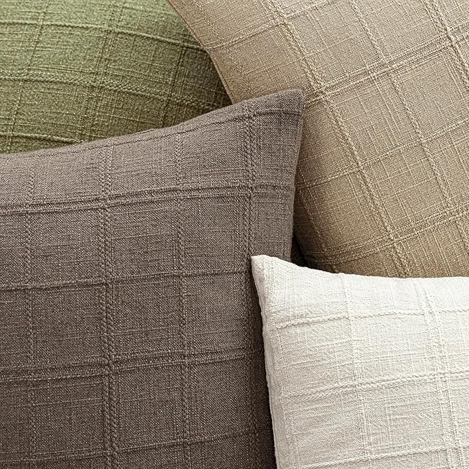 Foindtower Set of 2 Decorative Linen Check Throw Pillow Covers Neutral Farmhouse Vintage Cushion Covers Modern Boho Home Decor for Sofa Chair Couch Bedroom Living Room,16×16 Inch,Taupe Grey