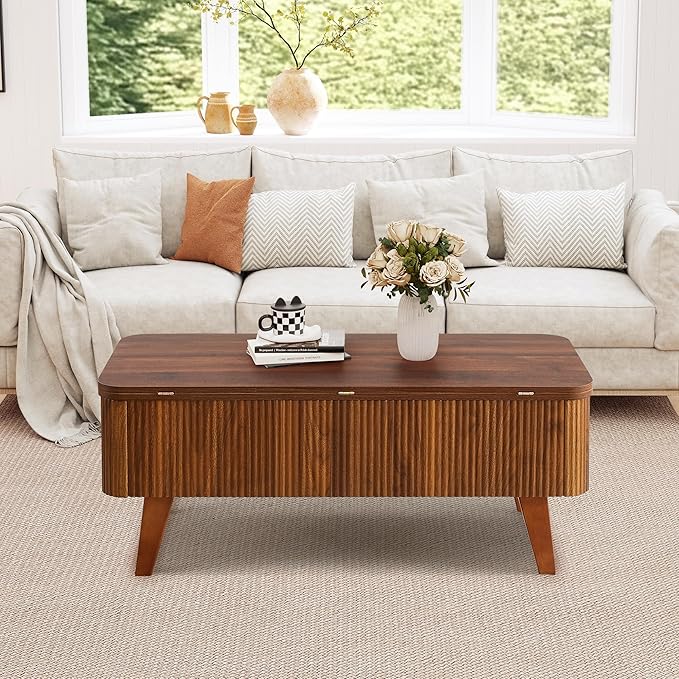 3 in 1 Lift Top Coffee Table, Fluted Convertible Coffee Tables Converts to Dining Tables, Modern Oval Wooden Center Table with Storage for Living Room Office Small Space, Partial Assembly (Walnut)