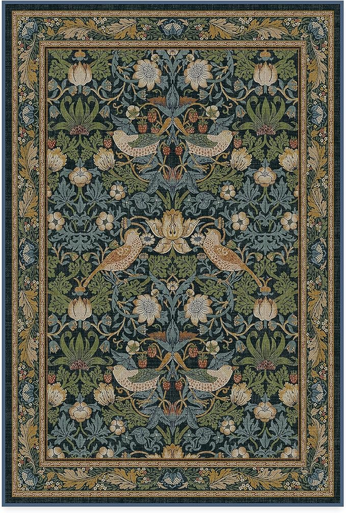 RUGGABLE x Morris & Co Washable Area Rug– Strawberry Thief Indigo 4x6, Stain-Resistant, Non-Slip – Medium Machine Washable Rugs for Living Room, Bedroom, Hallway, Entryway & Office–with Cushioned Pad