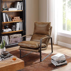 Art Leon Genuine Leather Accent Chair, Mid Century Modern Living Room Chair Lounge Chair with Black Metal Frame, Brown