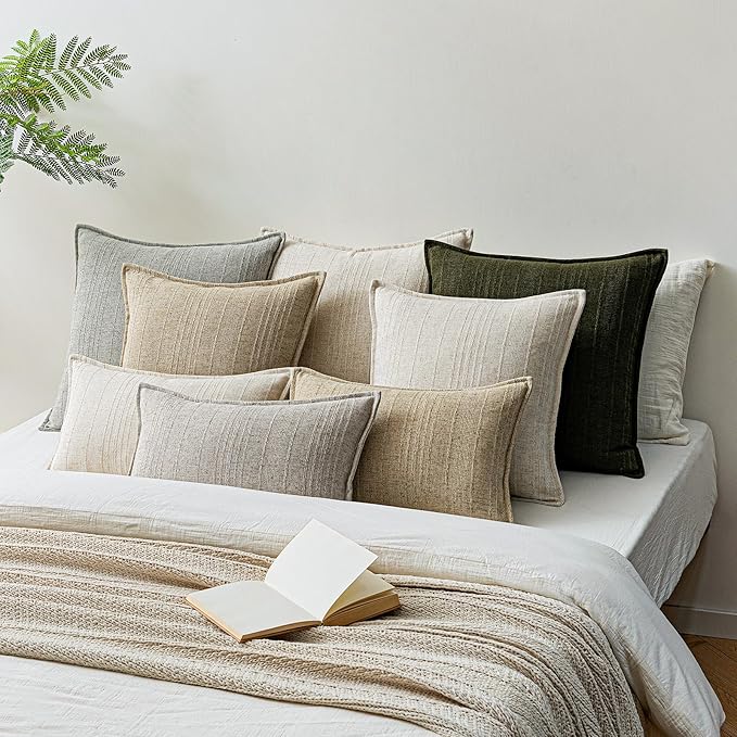 a moment Linen Pillow Covers Set of 2,Boho Farmhouse Throw Pillowcases Neutral Textured Decorative Covers for Couch Sofa Bed, Soft Linen Blend Accent Case Cushion Home Decor 20"x20"Light Grey