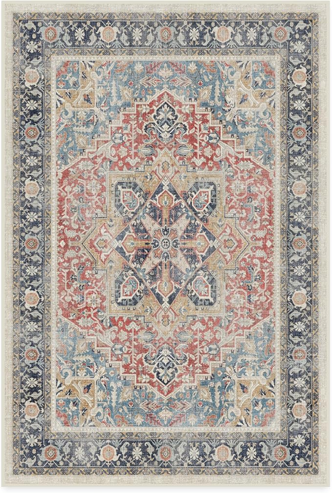 RUGGABLE Washable Vintage Area Rug – Kamran Cayenne Red 4x6, Stain-Resistant, Non-Slip – Medium Machine Washable Rugs for Living Room, Bedroom, Hallway, Entryway & Office–with Cushioned Pad
