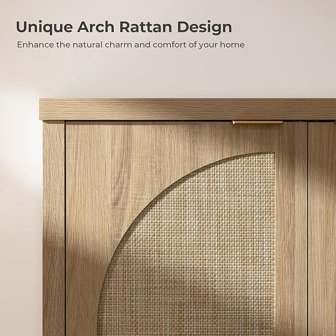 SICOTAS Rattan Sideboard Buffet Cabinet with Storage, Mid Century Modern Credenza Storage Cabinet with Arch Doors & Shelves Boho Coffee Bar Media Console Cabinets for Kitchen, Living Room, Entryway