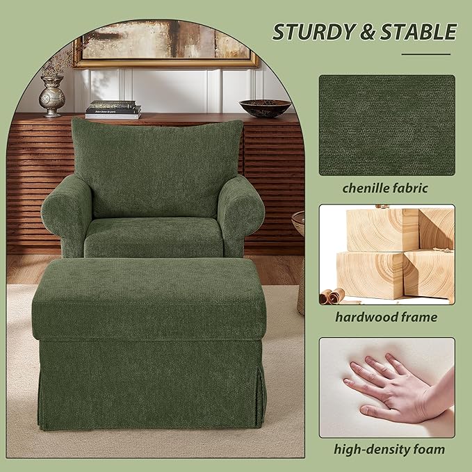 Modern Accent Chairs with Ottoman Set, Comfy Chenille Reading Armchair with Rolled Arms and Cushion Backrest, 35.8" W Chaise Lounge Chair for Living Room, Bedroom, Study, Apartment, Green