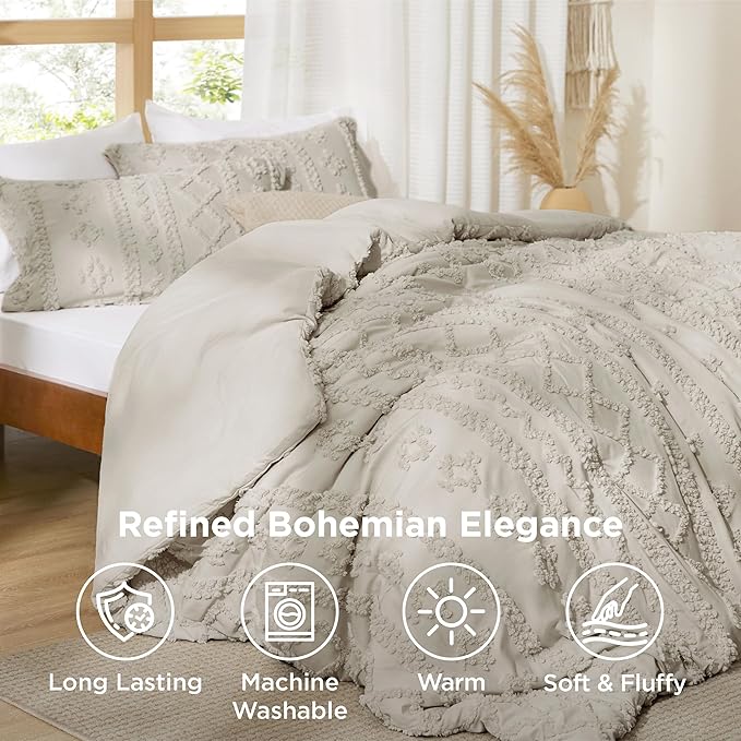 Bedsure Tufted Boho Comforter Set Full Size - Linen Boho Bed Set, GentleSoft™ 3 Pieces Farmhouse Shabby Chic Embroidery Bedding, Gifts for Woman, Soft Jacquard Full Comforter for All Seasons