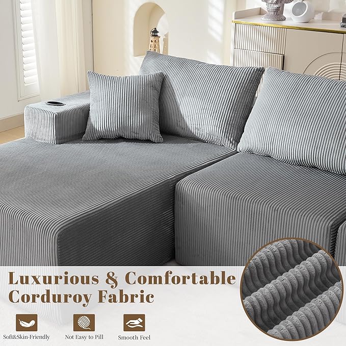 107" Cloud Sectional Couch, Modular Sectional Sofa with L-Shape Chaise, Corduroy Boneless Couch with Deep Seat, Upholstered Sofa for Living Room, No Assembly Required(Left-Facing Chaise, Dark Grey)