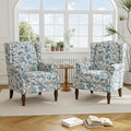Accent Chair, Upholstered High Back Floral Armchair with Nailhead Trim & Wood Legs, Comfy Wingback Reading Single Sofa Chair for Small Spaces, Living Room, Bedroom ( Boho Blue Floral, Set of 2)