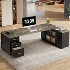 Tribesigns 85.8-Inch L-Shaped Executive Desk with File Drawers, Door Cabinet & Shelves, Extra Large Commercial Office Desk, Modern Professional Office Table Business Furniture, Grey & Black