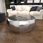 Deco 79 Aluminum Metal Living Room Coffee Table Drum Shaped Table with Hammered Design, Center Table 42" x 42" x 14", Silver