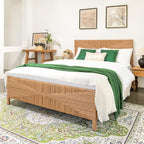 Yechen Queen Rattan Style Boho Bed Frame with Headboard and Footboard, Mid Century Modern Hand-Woven Wicker Bedframe with Vintage Pattern, Bamboo Bed with Metal Slats, No Box Spring Needed, 1000lbs