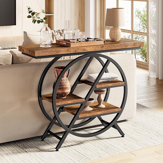 LITTLE TREE Console Table for Entryway, 39.37" Sofa Table Behind Couch, Wooden Industrial 4-Tier Narrow Accent Table with Metal Frame for Entrance, Living Room, Hallway, Foyer