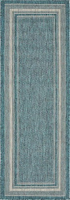 Unique Loom Outdoor Border Collection Area Rug - Soft Border (2'x 6' 1" Runner, Teal/ Ivory)