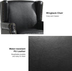 Accent Chair, Upholstered High Back Armchair with Nailhead Trim & Wood Legs, Comfy Wingback Reading Single Sofa Chair for Small Spaces, Living Room, Bedroom, Leather Black, Set of 2