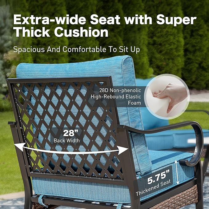 5 Piece Metal Outdoor Patio Furniture Set, Patio Conversation Sets 3-Seater Sofa, 2-Seater Sofa, 2 Rocking Chair with 5.75" Thick Cushion & Coffee Table Backyard Furniture, Blue-2