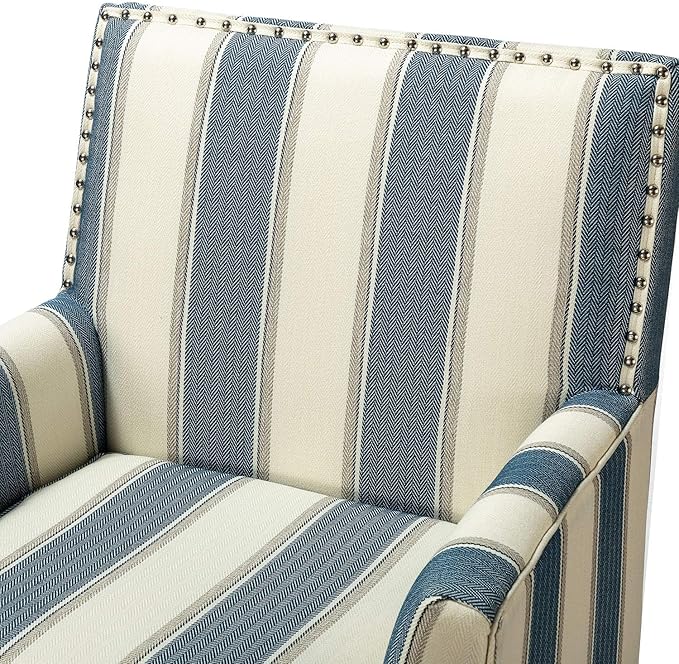 HULALA HOME Modern Accent Chairs Set of 2, Farmhouse High Back Striped Chairs with Wooden Legs & Nail Head Trim, Comfy Upholstered Armchairs for Living Room/Bedroom (Stripe Blue)