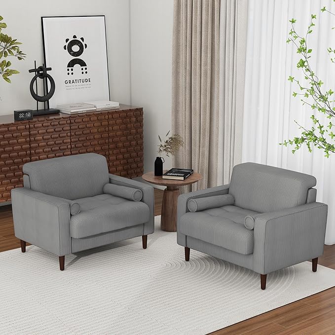 Oversized Accent Chair Set of 2, Corduroy Fabric Mid Century Modern Armchair with Large Seat for Living Room Bedroom Reading
