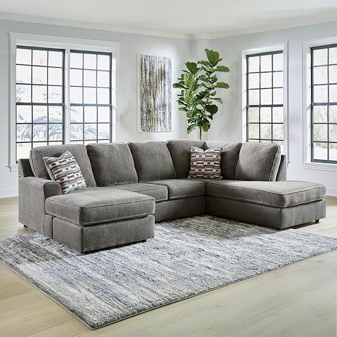 Signature Design by Ashley O'Phannon Casual Right-Arm Facing Herringbone Chenille 2-Piece Sectional with Chaise, Loose Seat Cushions and 2 Throw Pillows, Gray