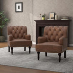 Pia Ricco PU Leather Accent Chair: Modern Nailhead Trim Armchair with Wooden Legs - Upholstered Reading Seat for Office, Living Room, Bedroom-Brown