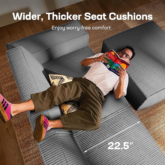 Marsail Modular Sectional Sofa, 111" L-Shaped Modular Sectional Couch with Deep Seat, Freely Combinable Sectional Clound Sofa for Living Room, No Assembly, Plush Corduroy Fabric, Grey