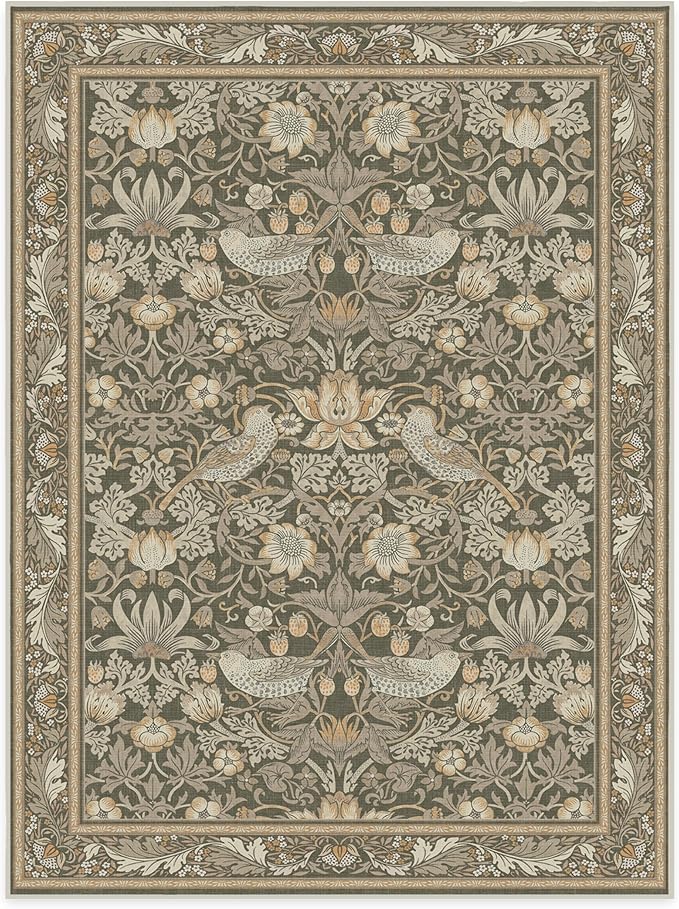 RUGGABLE x Morris & Co Machine Washable Area Rug – Strawberry Thief Stone Gold 9x12, Stain-Resistant, Non-Slip – Large Rugs for Living Room, Bedroom, Hallway, Entryway & Office–with Cushioned Pad