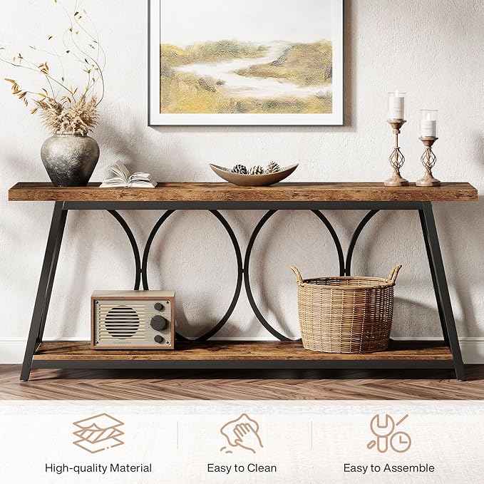 Tribesigns 2 Tiers Narrow Entryway Console Table, 71-Inch Long Industrial Wooden Sofa Table Behing The Couch with Storage Shelf and Metal Frame for Lving Room, Entrane, Hallway, Brown & Black