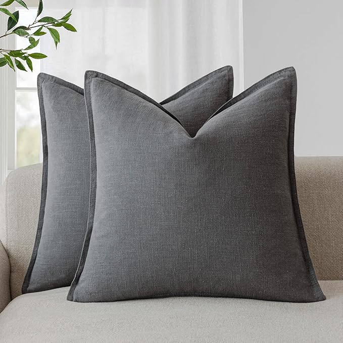 Foindtower Pack of 2, Decorative Linen Soild Throw Pillow Covers Soft Accent Square Cushion Case Boho Farmhouse Pillowcase for Chair Couch Sofa Bedroom Living Room Home Decor 24 x 24 Inch Grey