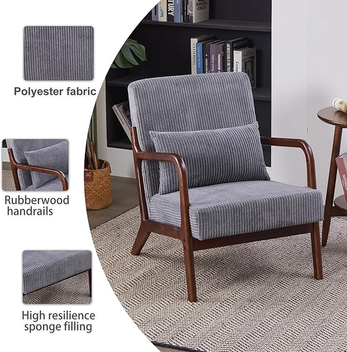 Accent Chairs, Set of 2 Mid-Century Modern Chair with Pillow, Armchair with Solid Wood, Reading Relaxing Leisure Chair for Living Room（Dark Grey）