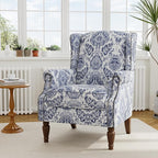Accent Chair Set of 2, Upholstered High Back Floral Armchair with Nailhead Trim & Wood Legs, Comfy Wingback Reading Single Sofa Chair for Small Spaces, Living Room, Bedroom-Navy Blue Floral