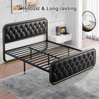 Full Size Metal Bed Frame with Button Tufted Leather Upholstered Headboard and Footboard, U-Shape Support Foundation, No Box Spring Required, Black