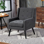 Mid-Century Modern Accent Chair, Plush Linen Fabric with Button Tufted High Back & 5" Thick Cushion, High Comfort Reading Chair for Living Room, Bedroom, Office (Dark Gray)