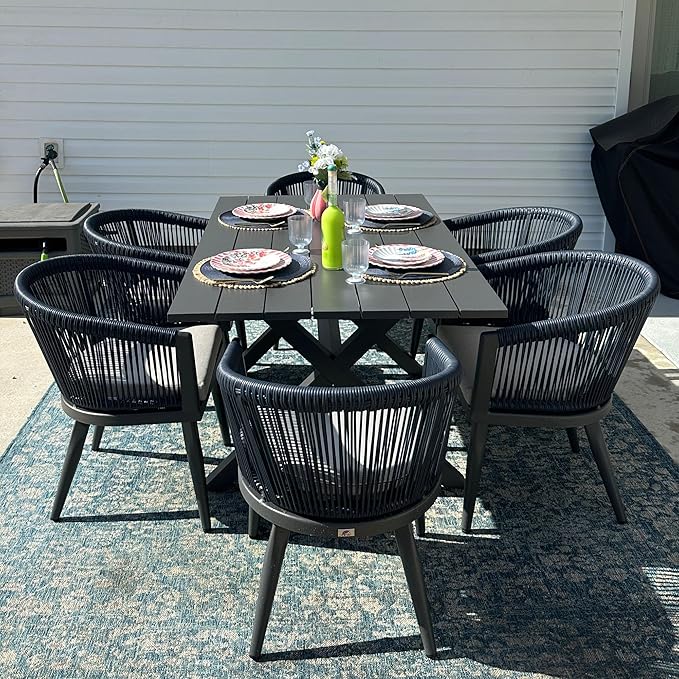 PURPLE LEAF Outdoor Dining Set for 10 All-Weather 12 Pieces Patio Aluminium Dining Large Table and Rope Weave Chairs Included Cushions for Backyard Indoor Modern Patio Furniture Set Gray and Navy