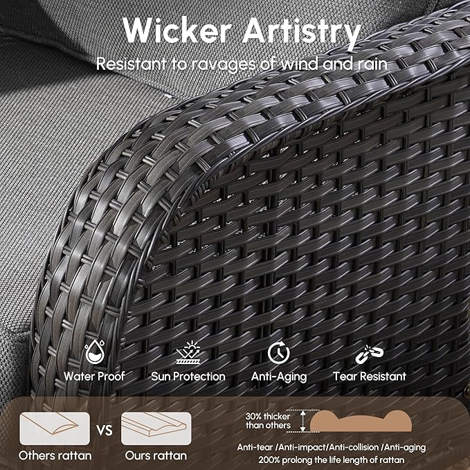 5 PCS Patio Outdoor Furniture Set with Swivel Rocking Chairs,All Weather Wicker Rattan Patio Seating Sofa and Chairs Set,Outdoor Conversaiton Sets for Deck Yard Prrch Garden Poolside,Dark Grey