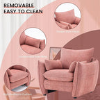 Chenille Oversized Accent Chairs Set of 2, Modern Oversized Armchair with Removable Pillow, Comfy Living Room Chair with Side Pocket Storage for Bedroom, Office, Pink