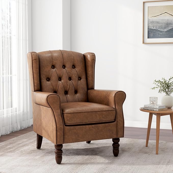 Accent Chair, Upholstered Armchair with Button Tufted High Back & Solid Wood Legs, Comfy Wingback Reading Single Sofa Chair for Small Spaces, Living Room, Bedroom-Leather Brown, Set of 1