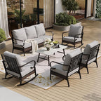 6 Piece Metal Outdoor Patio Furniture Set, Patio Conversation Set with 1 3-Seater and 2 Fixed Sofas, 2 Rocking Sofas with 5.75" Cushion & Coffee Table, Black and Light Gray