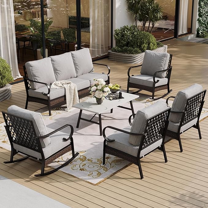 6 Piece Metal Outdoor Patio Furniture Set, Patio Conversation Set with 1 3-Seater and 2 Fixed Sofas, 2 Rocking Sofas with 5.75" Cushion & Coffee Table, Black and Light Gray