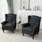 High Back Accent Chairs Set of 2, High Wingback Chair for Living Room, Button-Tufted Upholstered Fabric Armchair with Solid Wood Legs, Comfy Single Sofa Reading Chair for Bedroom, Dark Navy