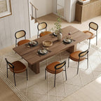 Rattan Dining Chairs Set of 6, Camel Leather Upholstered Dining Chairs with Rattan Cane Back, Mid Century Modern Dining Room Chairs with Black Metal Legs & D-Shaped Thicken Cushion, Camel