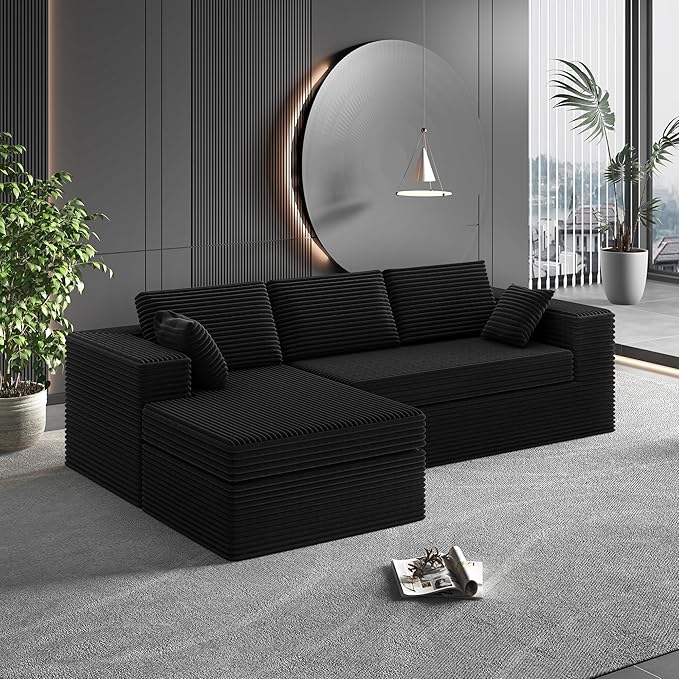 108-inch Boneless Couch for Living Room，Comfy Boneless Sofa with Deep Seats & Chaise Lounge, 3-Seat Modular Sofa Memory Foam Sectional Couches - No Assembly Required(Dark Black)