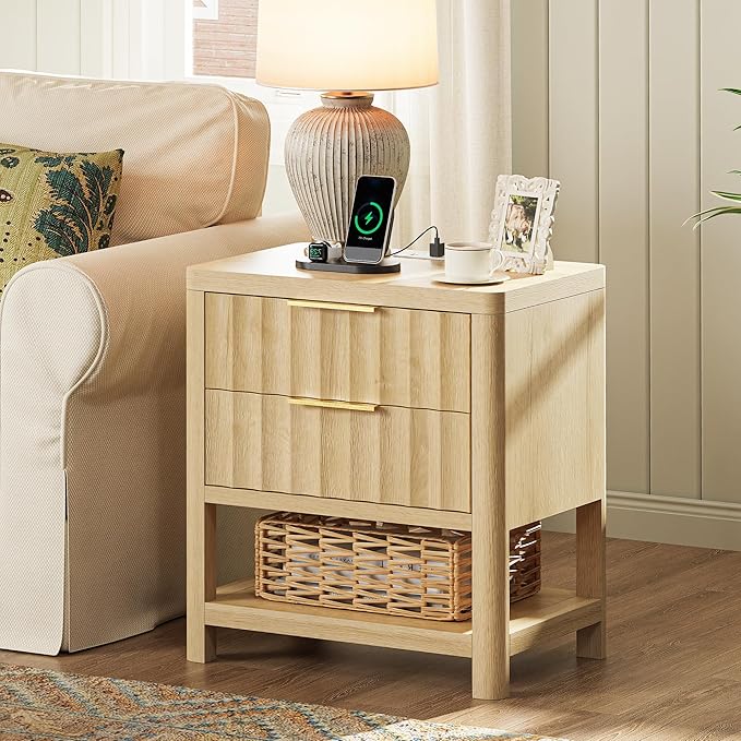 Huuger 27.6 Inch Tall Night Stands with Charger Station, USB-C Port, Fluted Nightstand Set of 2, Larger Wider Bed Side Table with 2 Deep Drawers, Open Shelf, Bedroom Living Room End Table, Natural