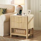 Huuger 27.6 Inch Tall Night Stand with Charger Station, USB-C Port, Fluted Nightstand with 2 Deep Drawers, Larger Wider Bed Side Table with Open Shelf, Bedroom Living Room End Table, Natural