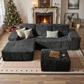 114" Glitter Cloud Sectional Couch with L-Shape Chaise & Ottoman, Modern Boneless Couches for Living Room, Fluffy Tufted Deep Seat Modular Sofa No Assembly (Gray Sparkly Velvet,Left Facing)