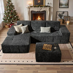 114" Glitter Cloud Sectional Couch with L-Shape Chaise & Ottoman, Modern Boneless Couches for Living Room, Fluffy Tufted Deep Seat Modular Sofa No Assembly (Gray Sparkly Velvet,Left Facing)