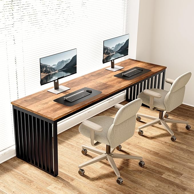 LITTLE TREE Two Person Desk, 78.74" Extra Long Computer Desk for 2 People, Rustic Brown Wooden Double Study Desk with Black Heavy Duty Metal Legs, Large Business Workstation for Home Office